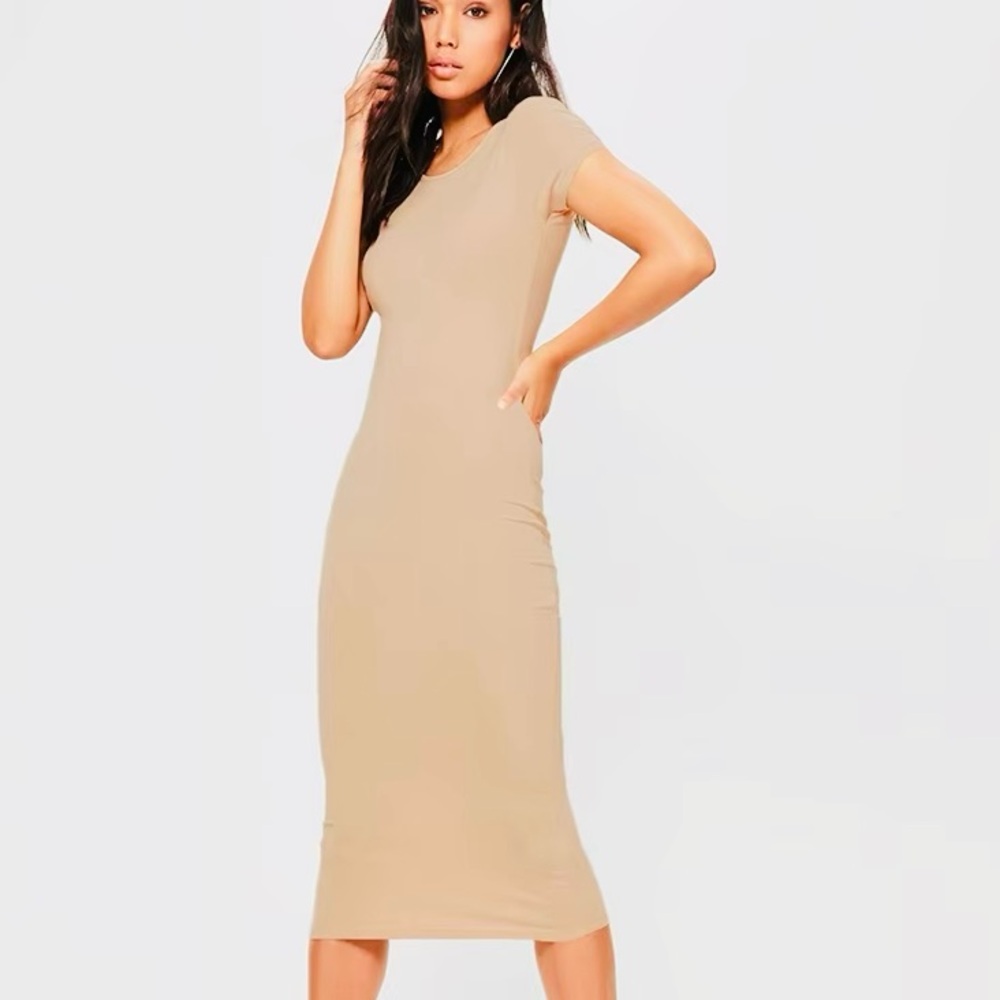 LOVE ❤️ Nude Short-Sleeve Midi Bodycon Dress - Small